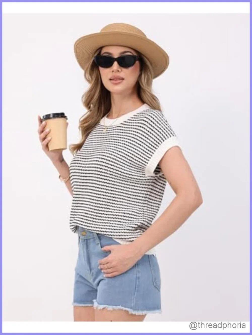 Women's Lightweight Knit Pullover Sweater Vest Crew Neck Short Sleeve Striped